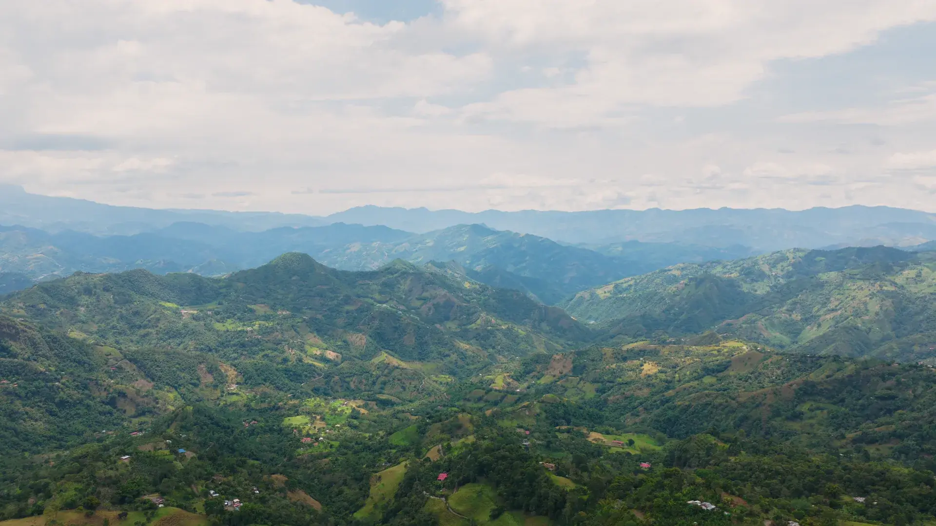 Aerial view of the Andean coffee ridges above La Mesa, Cundinamarca